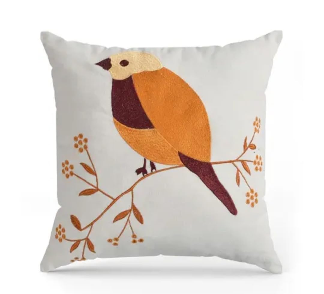 Decorative Bird Embroidered Cushion Cover, White, Set of 2, Nature Theme, Sofa Throw Pillow Covers