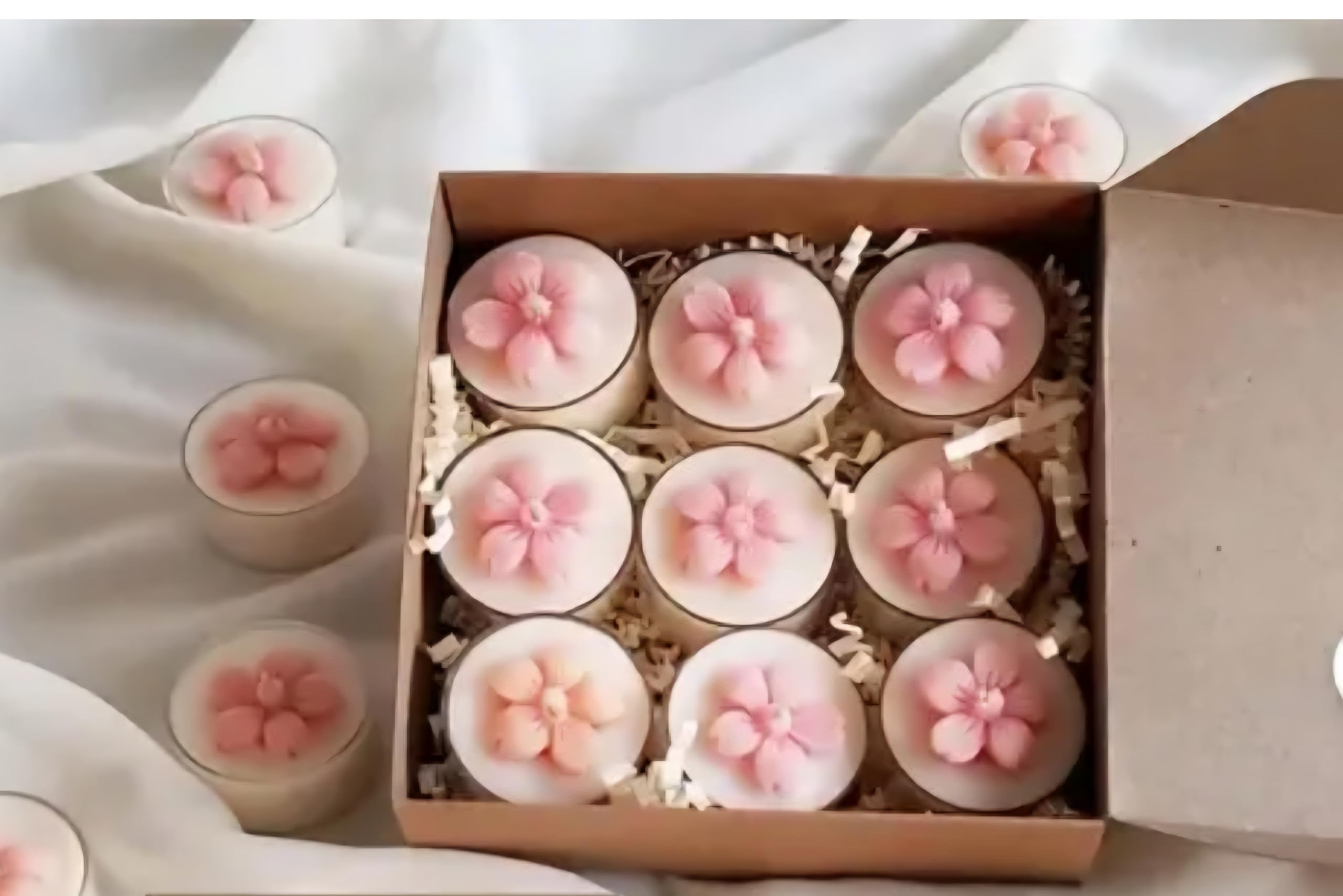 Pink Floral Tea Light Candles, Decorative Gift Box Set of 9, White Base with Cherry Blossom Design, Fancy Decorative Gift Candle, Scented Candle, Aroma