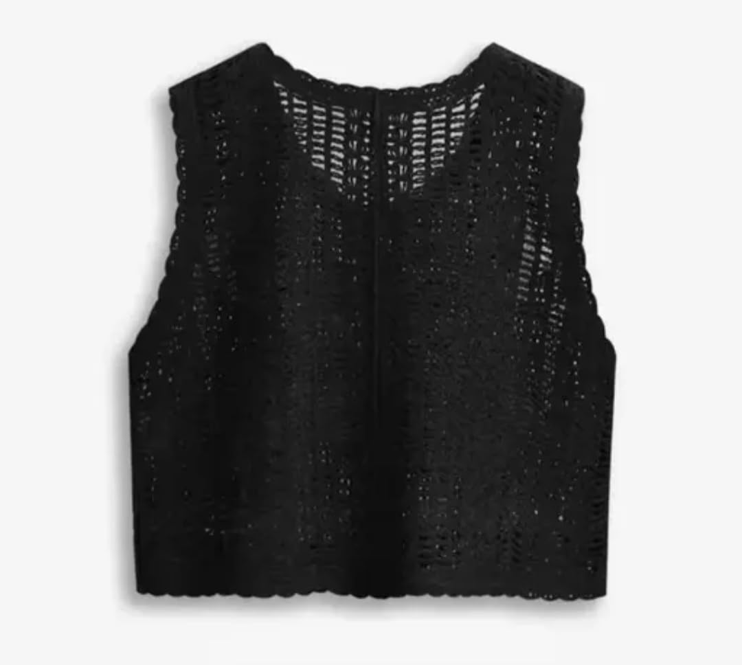 Women's Black Knit Vest, Floral Applique, Button-Front, Sleeveless Cropped Cardigan, Handmade top