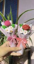 Handmade Crochet Flower Bouquet, Mini, with Roses, Daisies, Pink Ribbon, Gift Decoration, 1 piece, Random