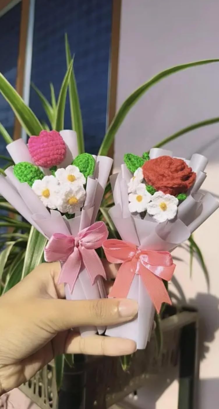Handmade Crochet Flower Bouquet, Mini, with Roses, Daisies, Pink Ribbon, Gift Decoration, 1 piece, Random