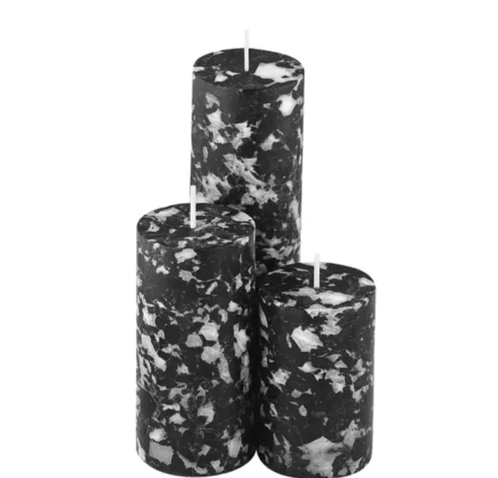 Marble Effect Pillar Candles Set, Black and White, 3 Different Heights, Decorative