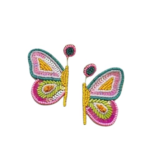 Beaded Butterfly Earrings, Multicolor, Handcrafted Statement Dangle, Pink Yellow Green Teal