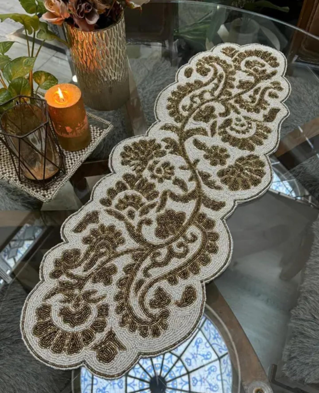 Beaded Handmade Table Runner, Brown and Cream, Floral Paisley Pattern, Decorative Home Accent