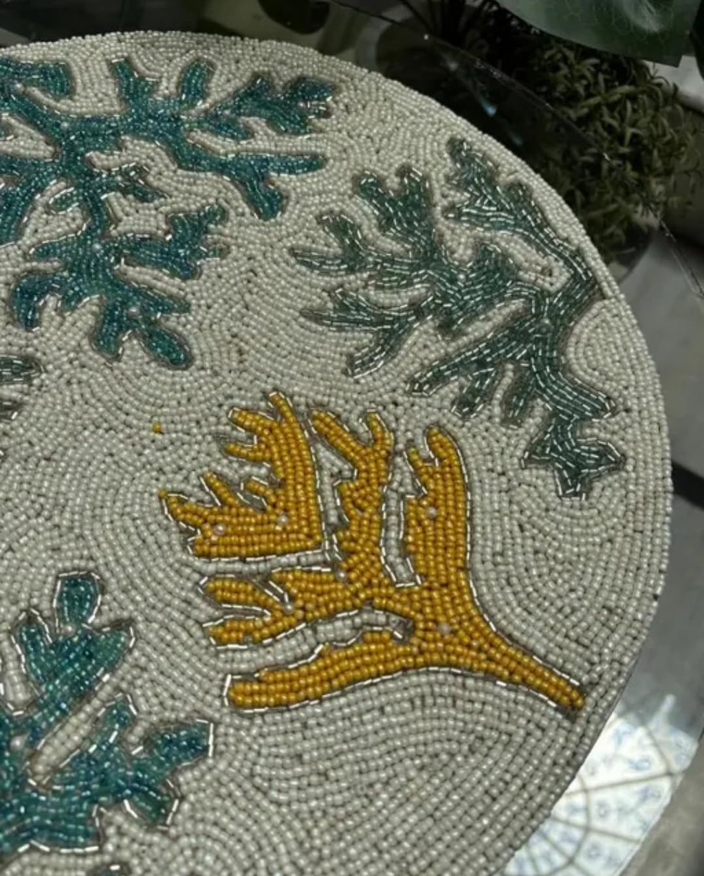 Beaded Round Placemat, Coral Reef Design, Teal and Gold on White, Handcrafted Table Decor