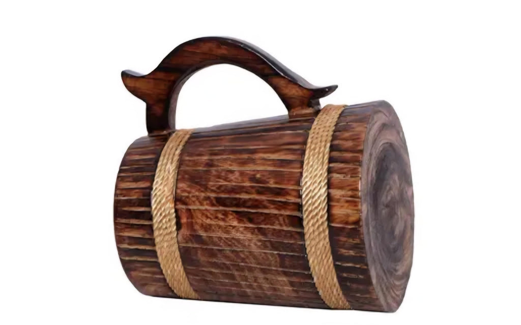 Handcrafted Wooden Beer Mug with Rope Accent, Rustic Barrel Style, Dark Brown