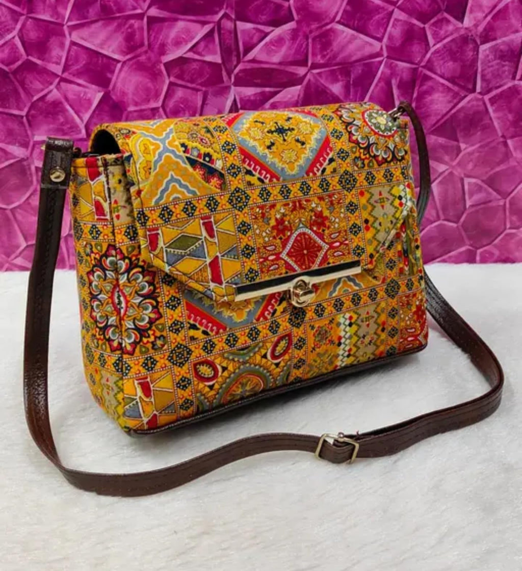 Vintage Bohemian Crossbody Bag, Geometric Pattern Print, Brown Leather Strap, Metal Clasp