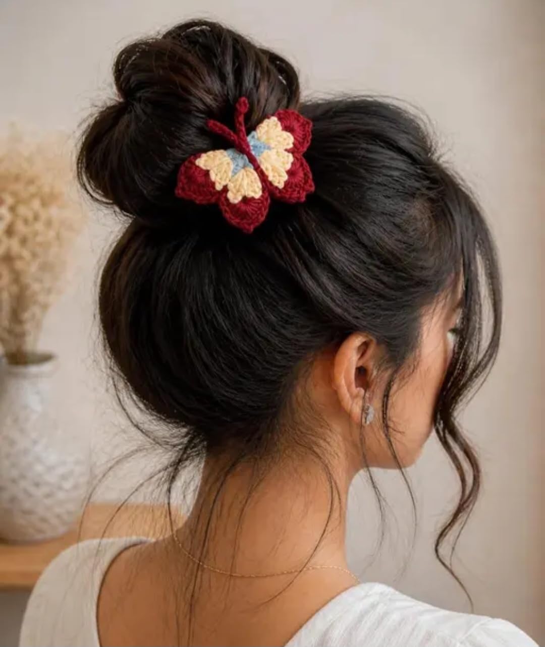 Crochet Butterfly Hair Scrunchie, Handmade Knit Hair Tie, Boho Style, Red and Cream
