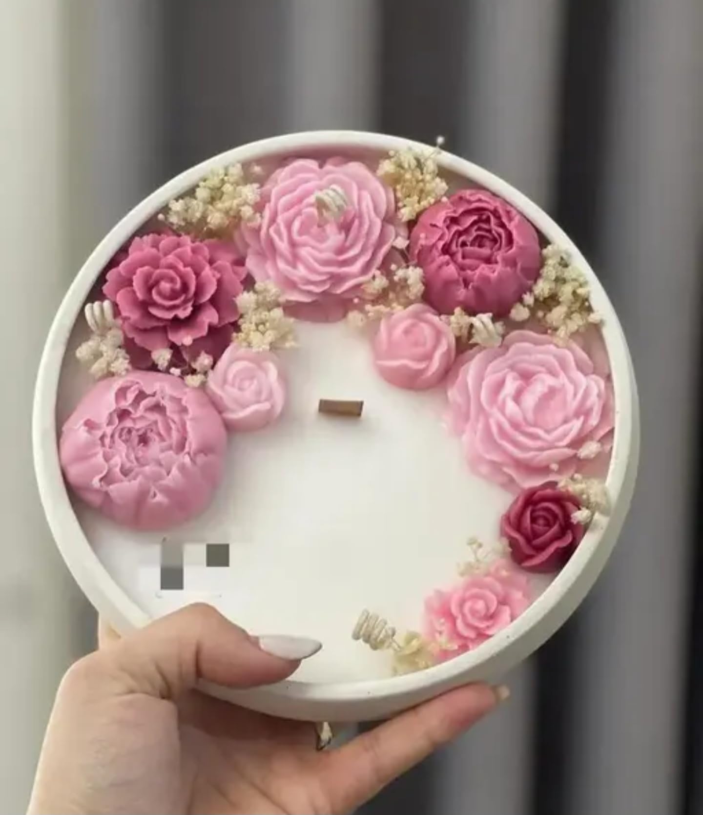 Decorative Soy Wax Candle, Pink Rose Design, White Round Container with Floral Arrangement