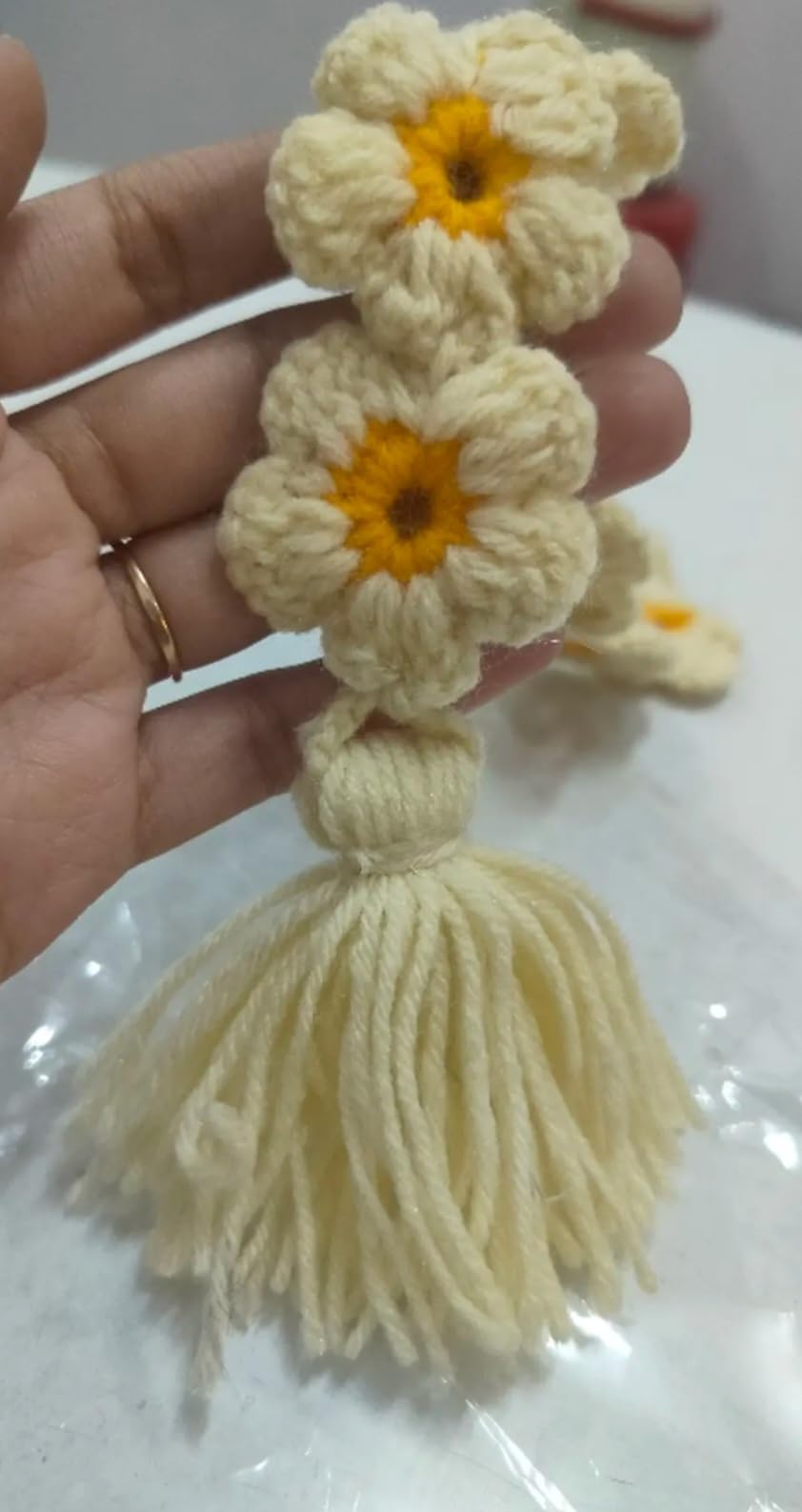 Crochet Daisy Bookmark with Tassel, Handmade Floral Design, Cream and Yellow, Set of 2