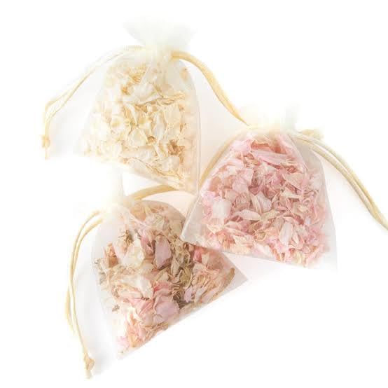 Natural Dried Rose Petals in Organza Bags, Pink and White, Wedding Confetti,25 Sachets, Medium Size