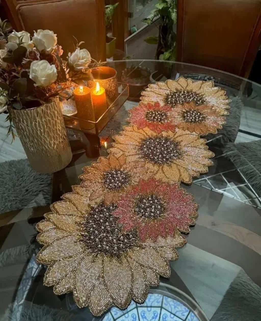 Beaded Sunflower Table Runner, Floral Design, Gold and Pink, Handcrafted Decorative Centerpiece