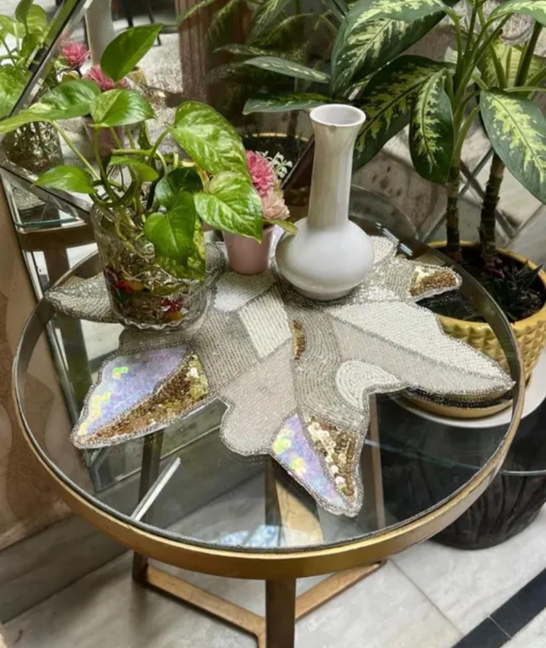 Beaded Dragonfly Decorative TableRunner, Silver with Gold and Iridescent Sequin Details, Handcrafted