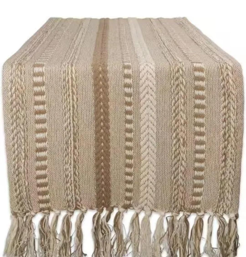 Woven Table Runner, Beige, Textured Striped Pattern with Fringe Ends, Boho Farmhouse Style