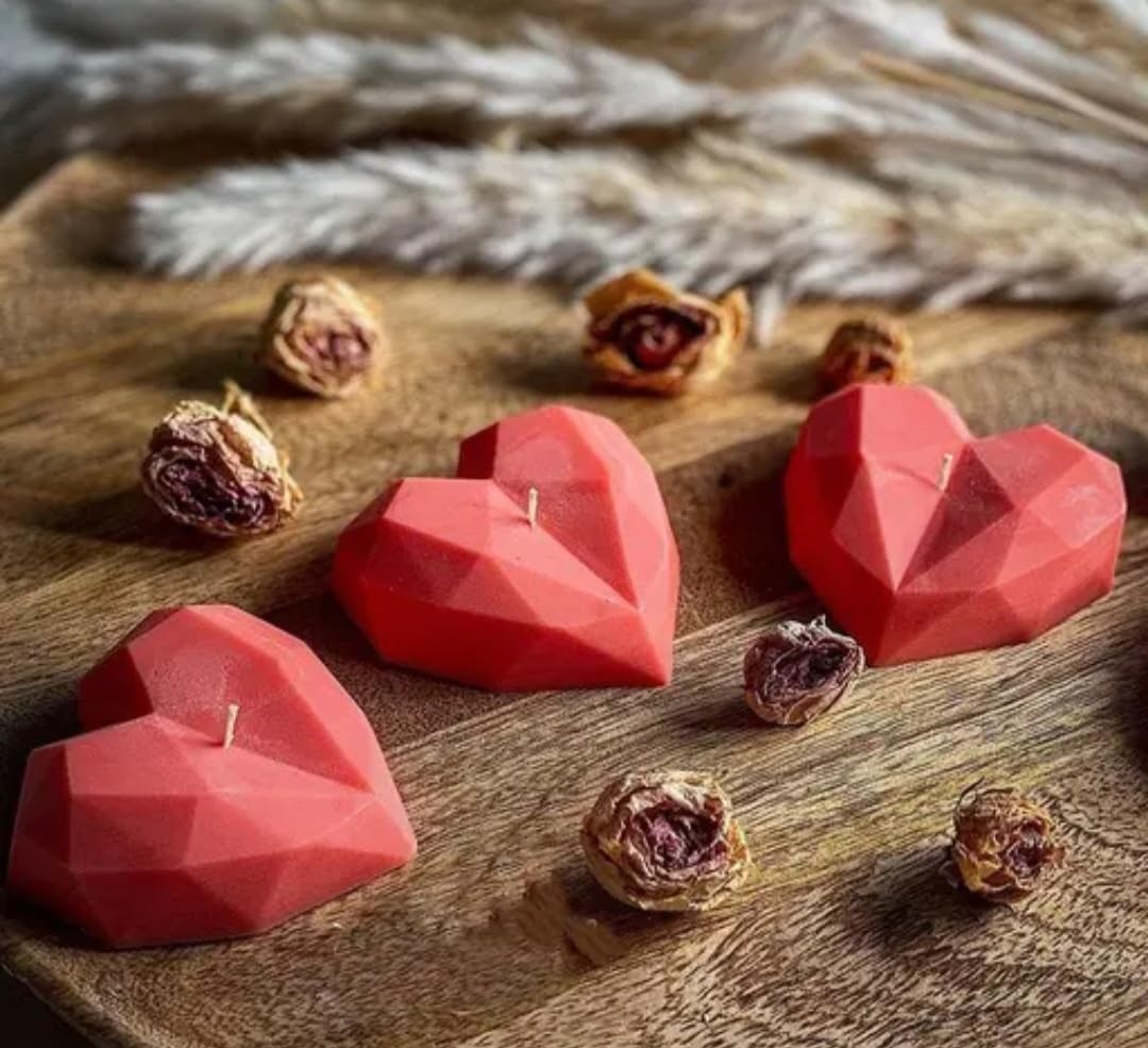 Geometric Heart Shaped Candles, Pink/Coral, Decorative Faceted Design, Romantic Theme