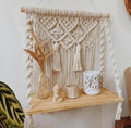 Macrame Wall Hanging Shelf, Handwoven Cotton Rope Floating Shelf with Decorative Tassels, Wooden Display Shelf, Boho Home Decor