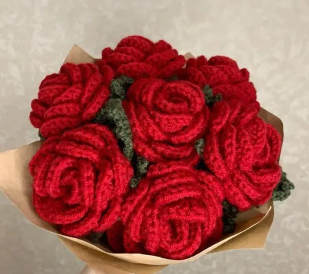 Handmade Crochet Red Rose Bouquet, Knitted Artificial Flowers, Valentine's Day Gift