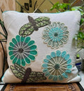 Beaded Floral Throw Pillow Cover, White, Teal and Green, Sequin Embroidered Flowers and Dragonflies