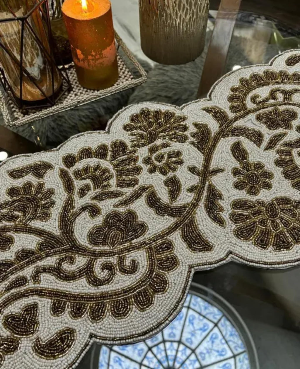 Beaded Handmade Table Runner, Brown and Cream, Floral Paisley Pattern, Decorative Home Accent