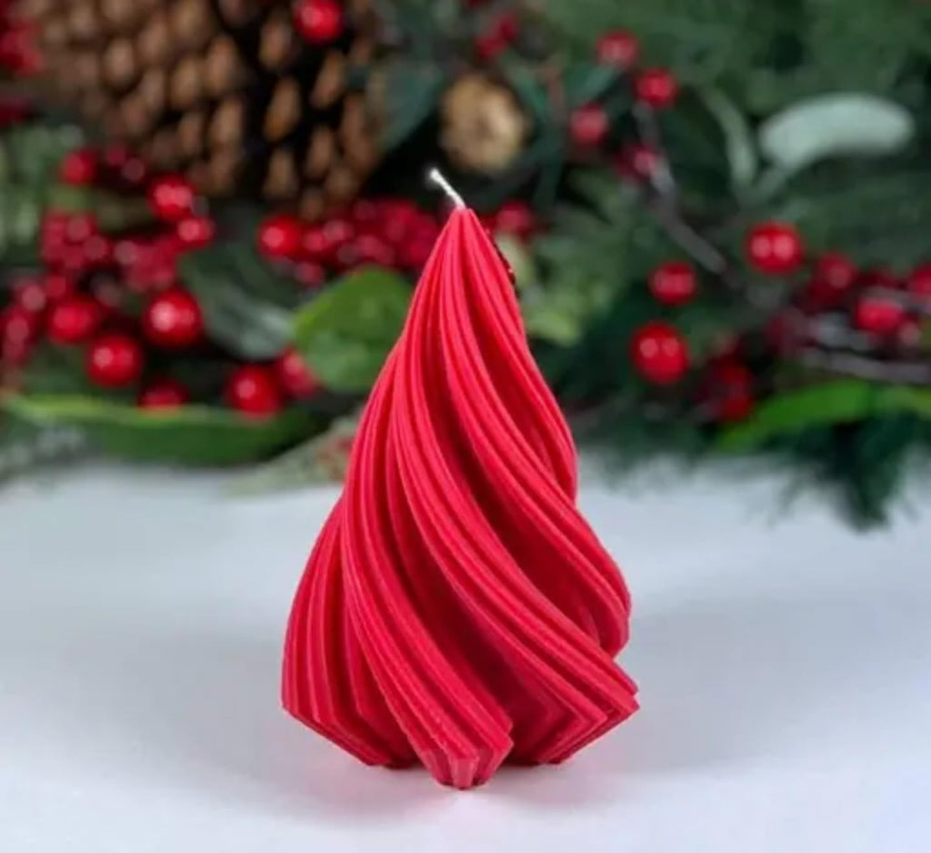 Decorative Red Pleated Christmas Tree Candle, Holiday Home Decor
