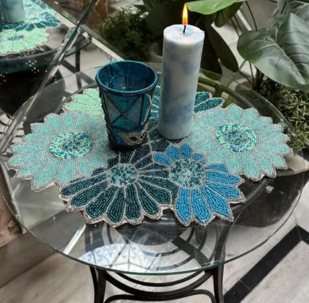 Beaded Daisy Flower Table Mat, Teal and Blue, Handcrafted Floral Placemat, Decorative Home Accent