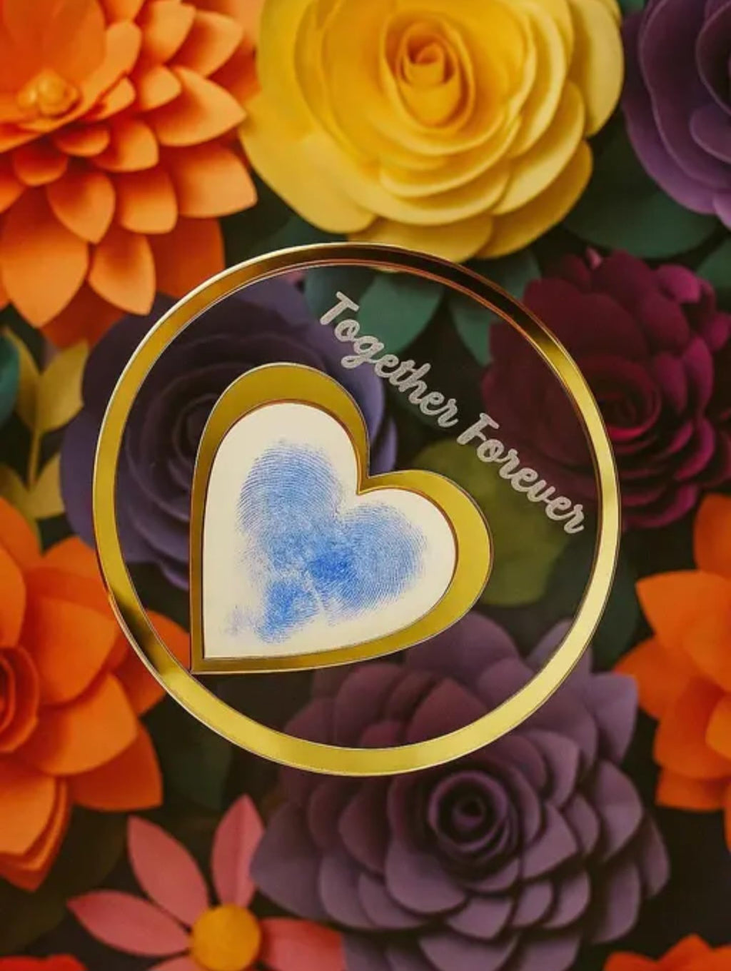 Together Forever Heart Photo Frame with Gold Trim, Decorative Display, Purple and Orange Floral Background