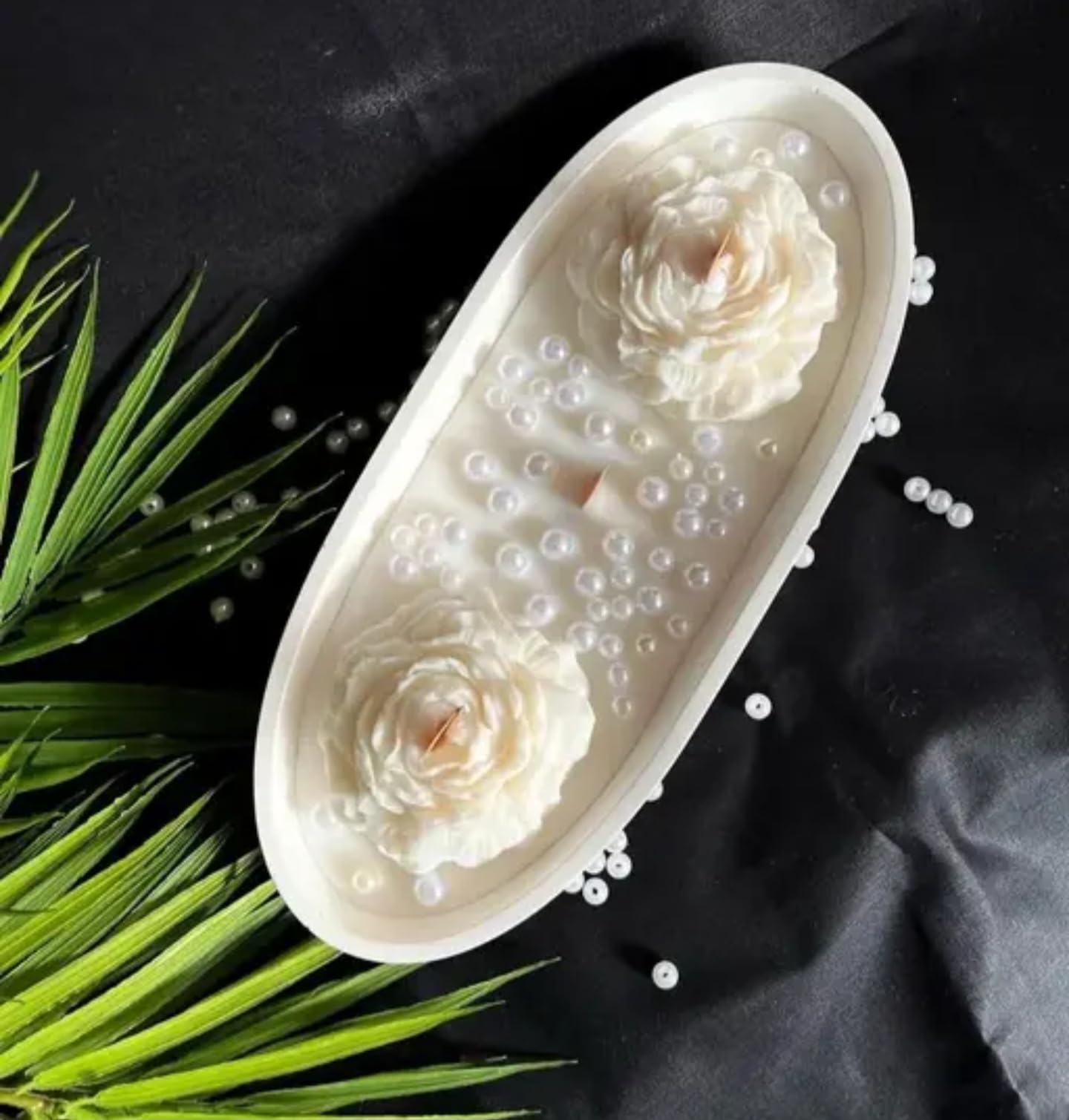 Decorative White Ceramic Candle with Pearl Beaded Trim, Floral Design