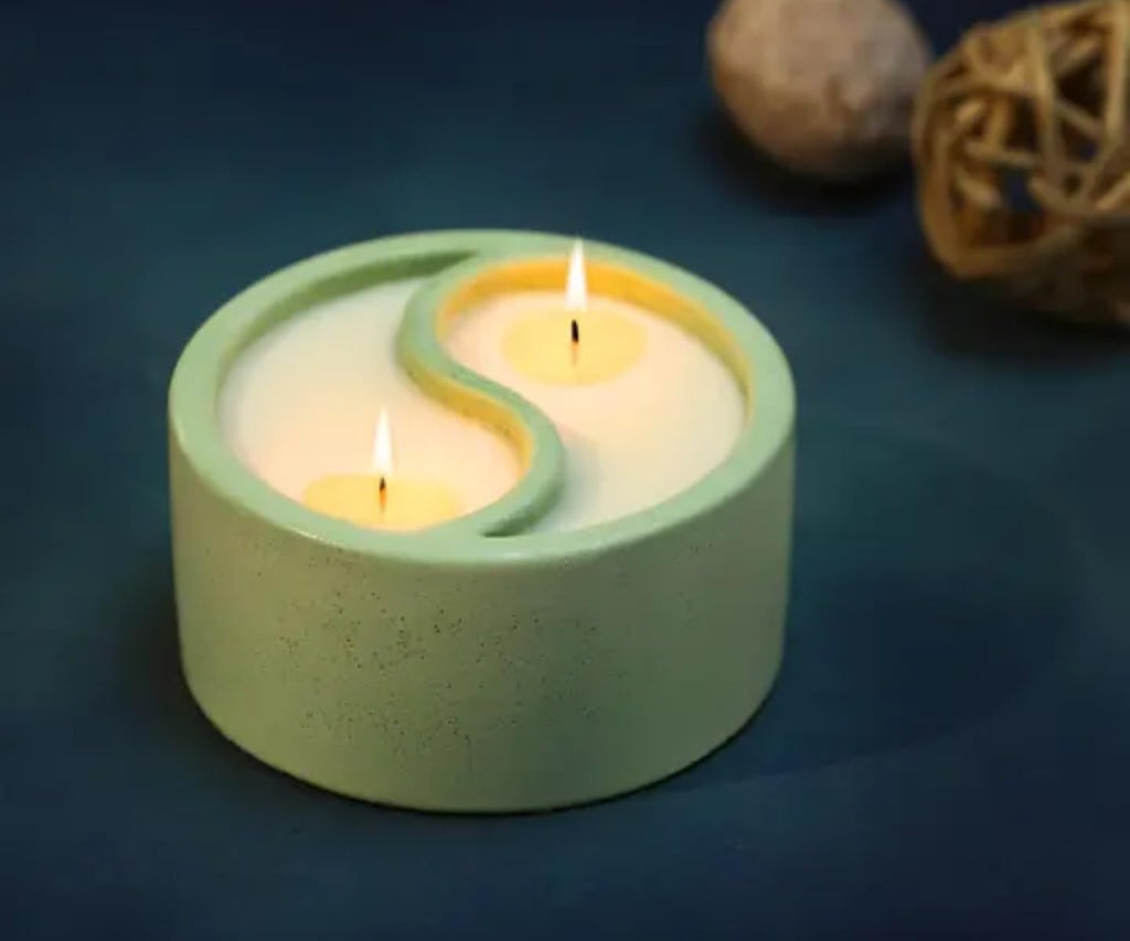 Decorative Concrete Tealight Candles, Dual Wick Design, Blue and Sage Green, Modern Minimalist Style