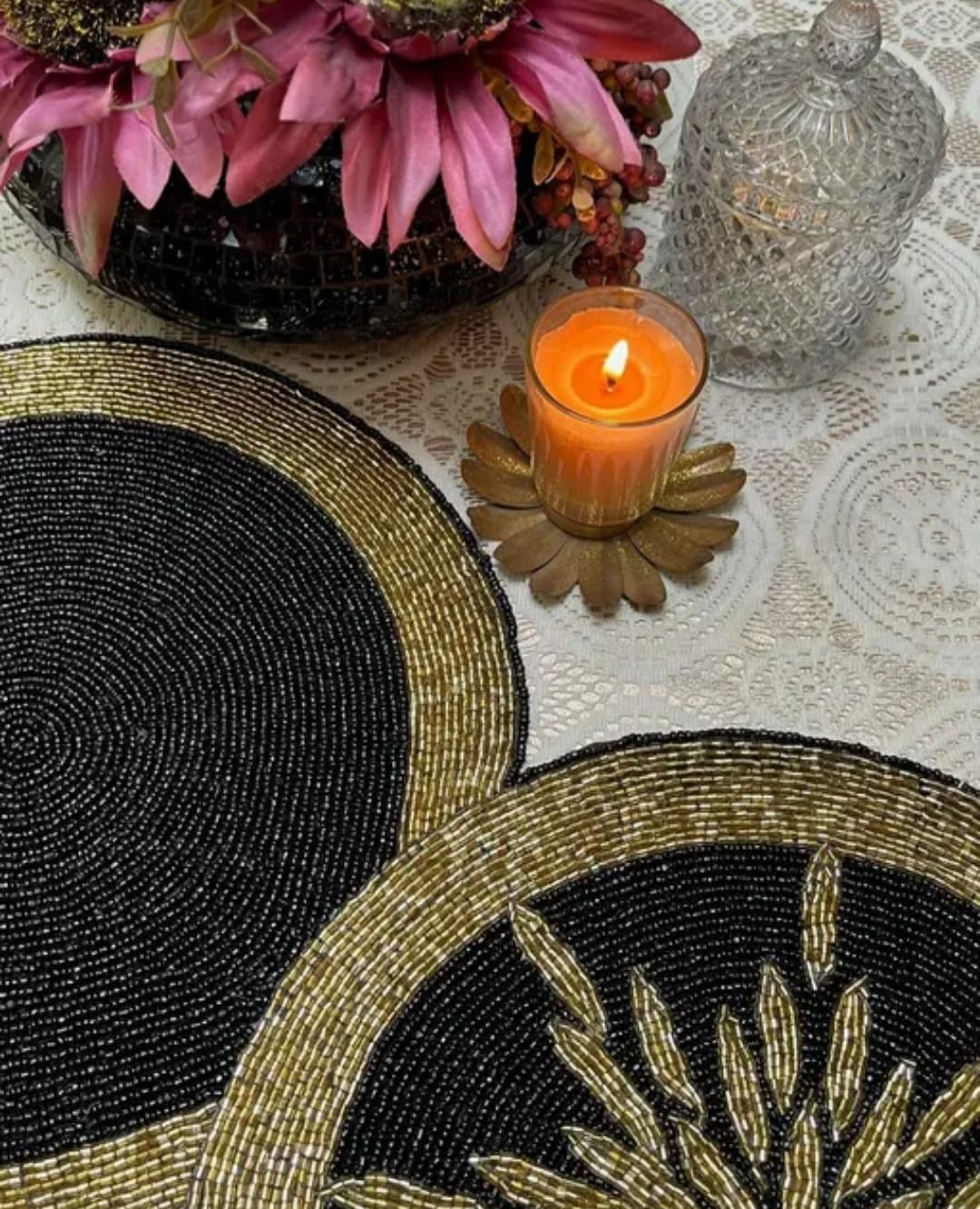 Beaded Placemats Set, Black and Gold, Floral Design, Round Shape, Table Decor
