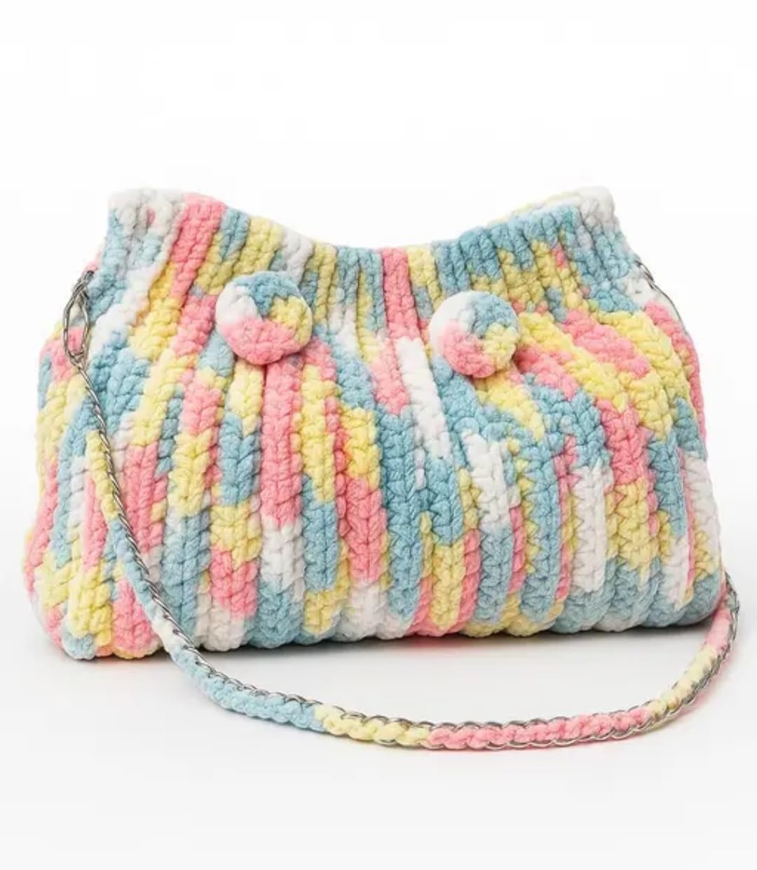 Pastel Multicolor Knit Tote Bag, Chunky Yarn Hobo Handbag with Chain Strap, Striped Crochet Style