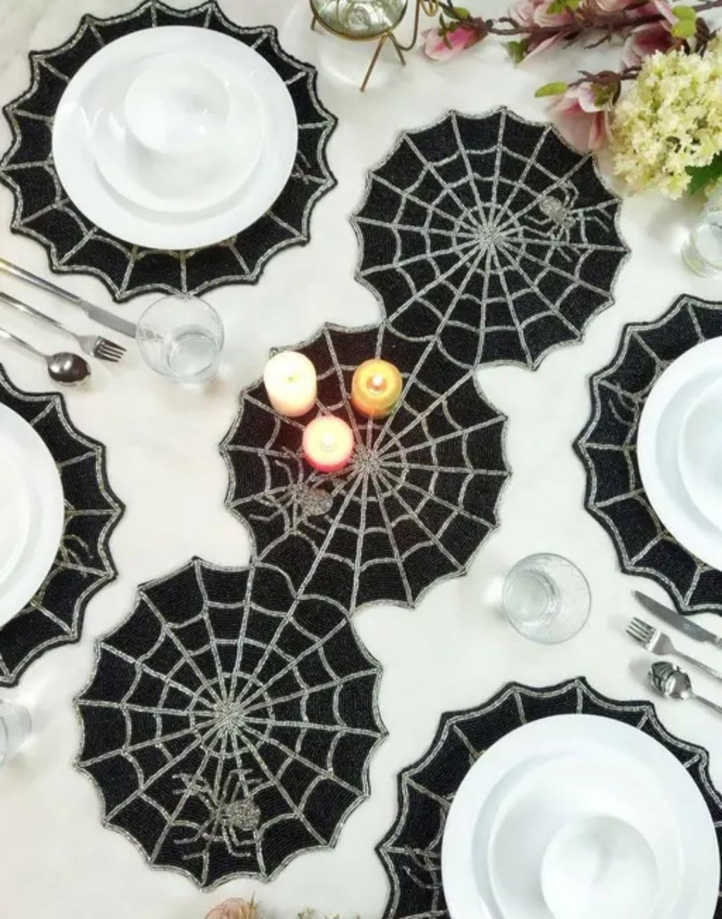 Spider Web Placemats, Black with Silver Web Design, Halloween Table Decor, Round Shape