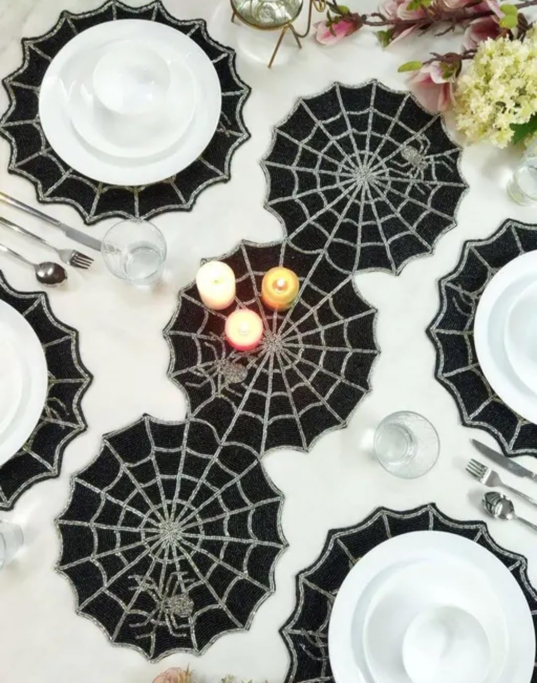 Spider Web Placemats, Black with Silver Web Design, Halloween Table Decor, Round Shape