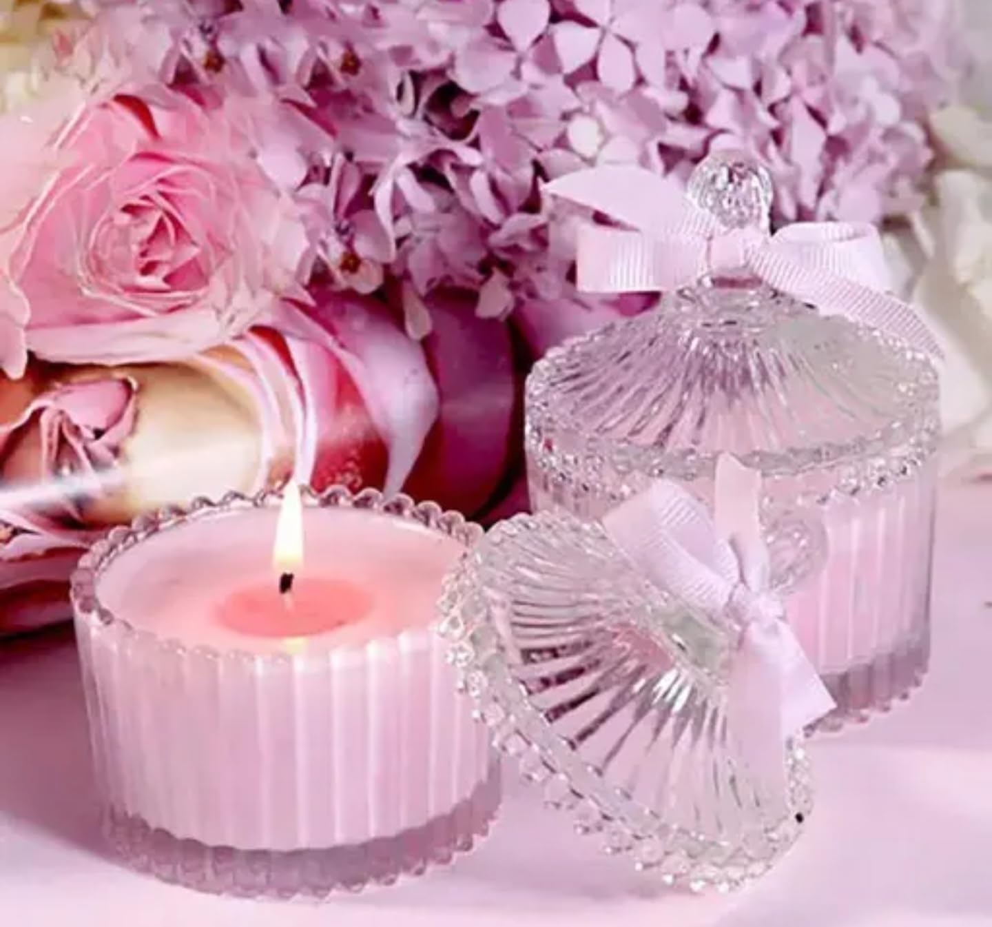 Decorative Glass Candle Set with Pink Scented Candle, Crystal Design with Beaded Edge
