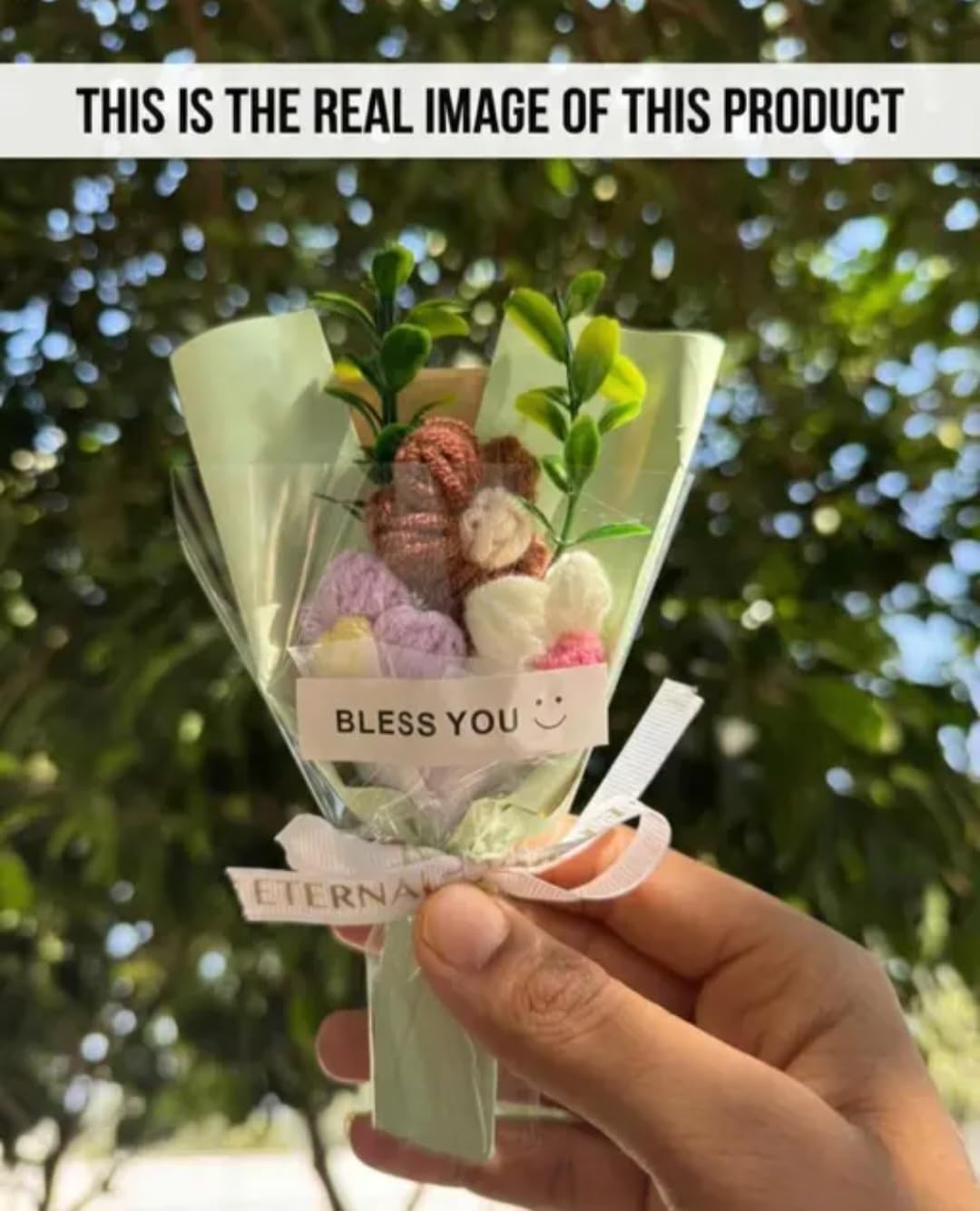 Crochet Flower Bouquet with Bless You Card, Handmade Floral Arrangement, Pastel Colors, Gift Set